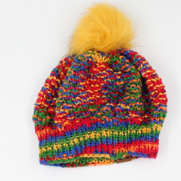 Handmade Hand Knit Double Moss Stitch Multicolur Acrylic Beanie Yellow Pom Pom - Picture 2 of 4